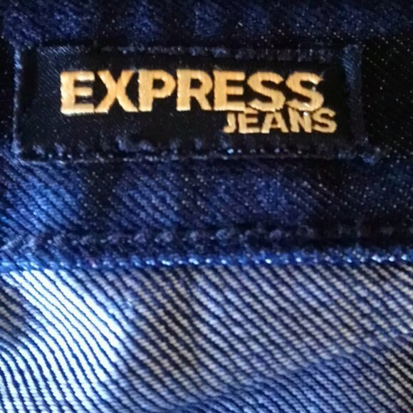 Express Stella"Dark Wash Bootcut Jeans with Abstract Blue/Gold Sequin Art Sz 10 - Picture 6 of 7